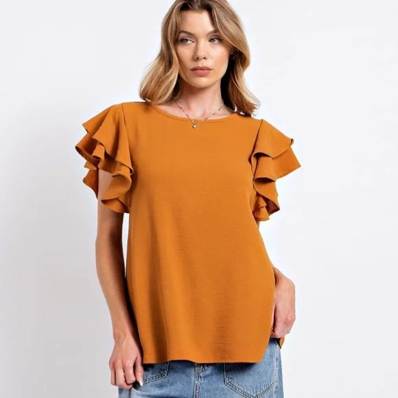 Easel Terracotta Ruffle Sleeve Blouse - Picture 3 of 4
